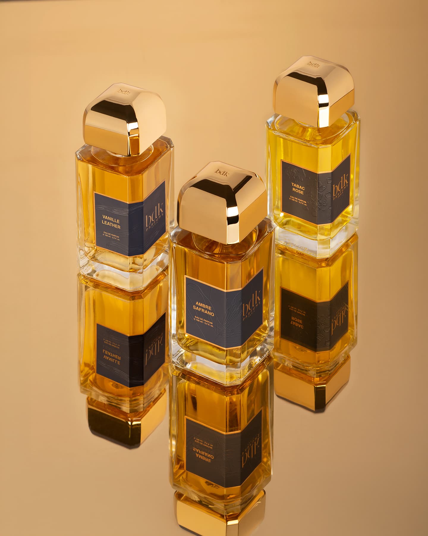 BDK Parfums Collection Exclusive, drei goldene Flakons mit Spiegelung