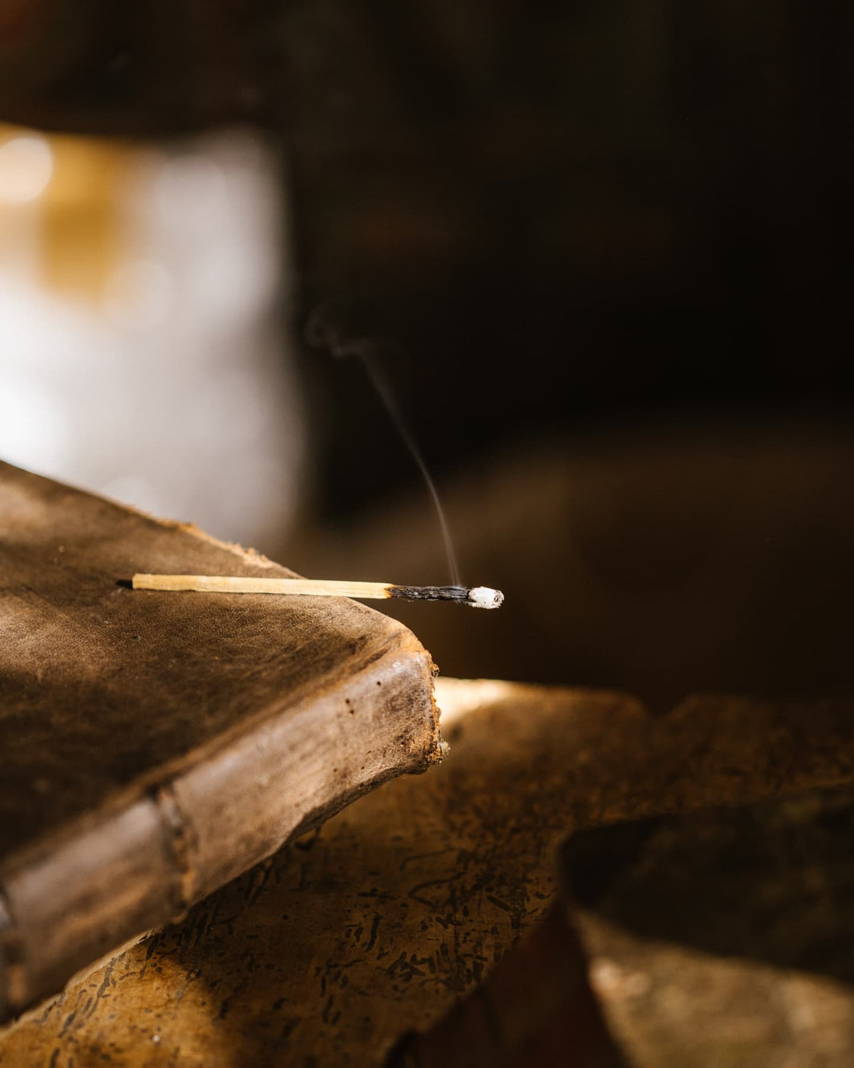 Duft und Kultur Editorial – La Maison Boisée, ausgeblasenes Streichholz mit Rauchfaden auf einem alten, ledergebundenen Buch