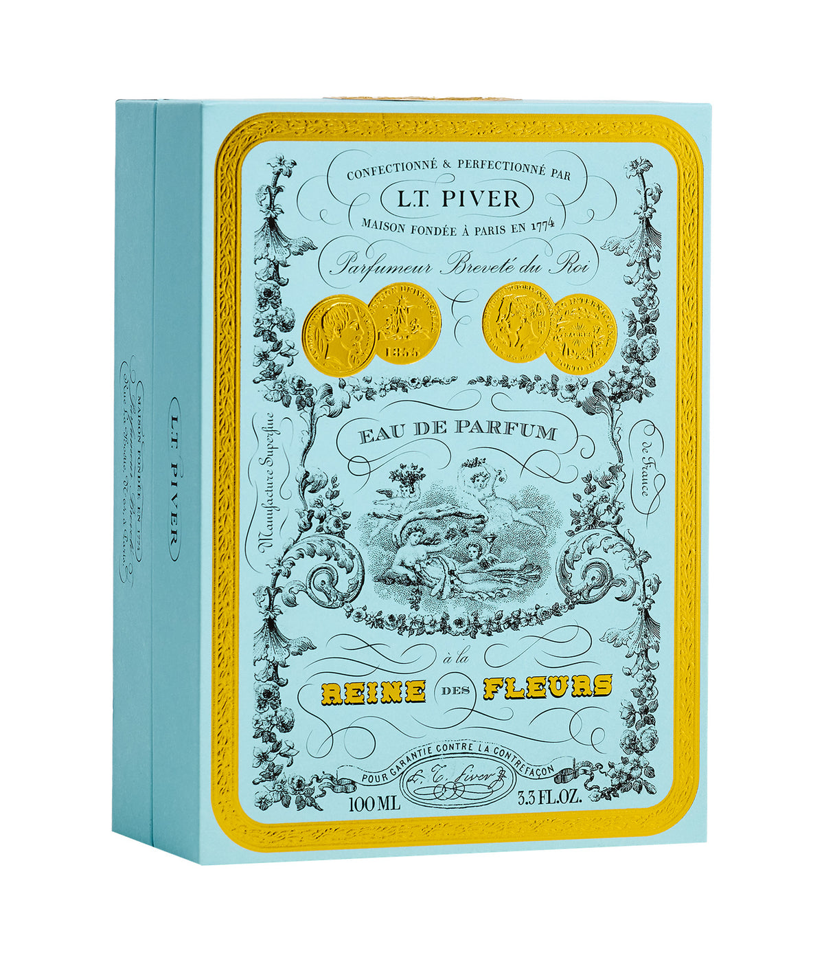 Eau de Parfum À la Reine des Fleurs – L.T. Piver, Flakon und Karton