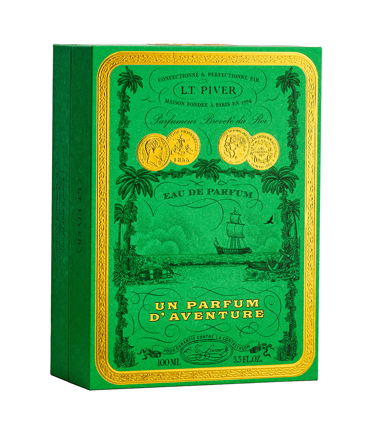 Eau de Parfum Un Parfum d’Aventure – L.T. Piver, bottle and box