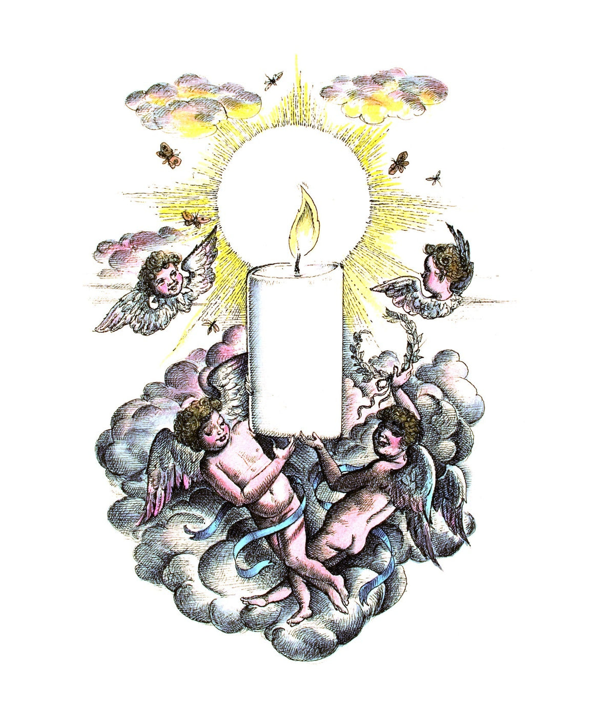 Trudon Duftkerze Spiritus Sancti, Duftillustration einer Kerze zwischen Engeln in Wolken