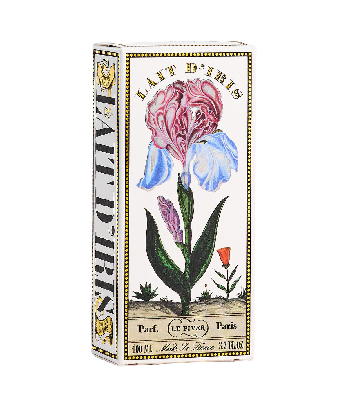 Bodylotion Lait d’Iris – L.T. Piver, Flasche und Karton